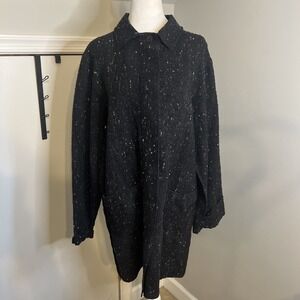 Black White Flecked Textured Knit Button Front Longline Coat Jacket with Pockets